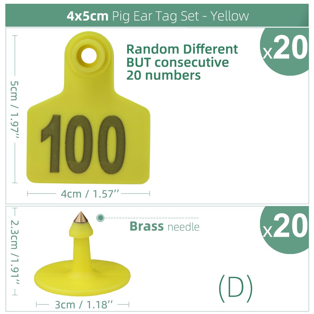 20Pcs 4X5Cm Verschillende Maar Opeenvolgende Nummers Varken Oor Tags Set Boerderij Dieren Label Vee Markers Identificatie kaart Markering: Yellow  x 20pcs