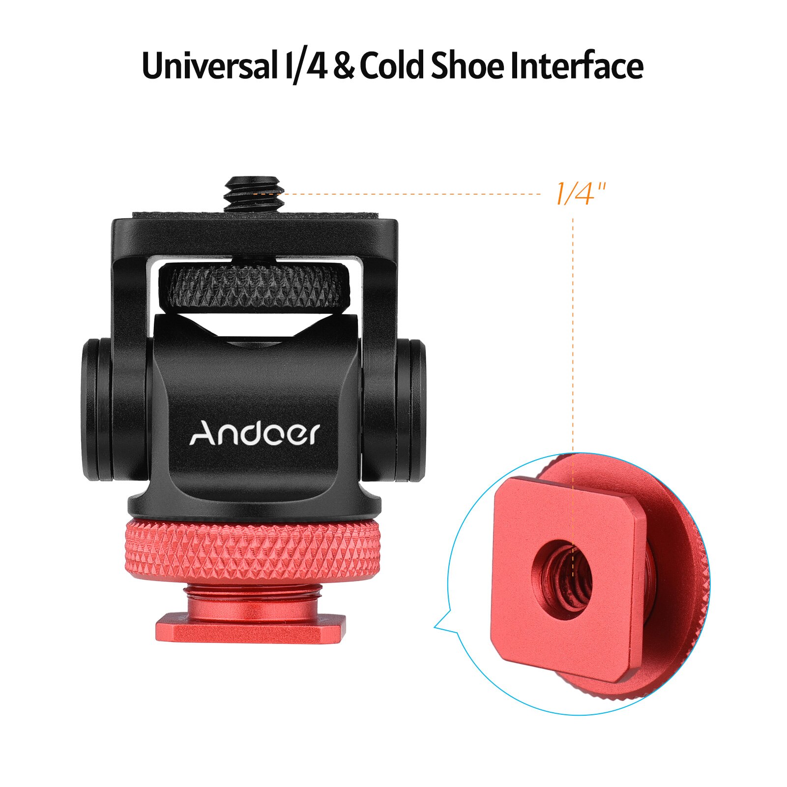 Andoer-monitor de câmera rotativa 360 °, adaptador para sapato a frio, interface de 1/4 polegadas, chave allen, para monitor e microfone de luz led