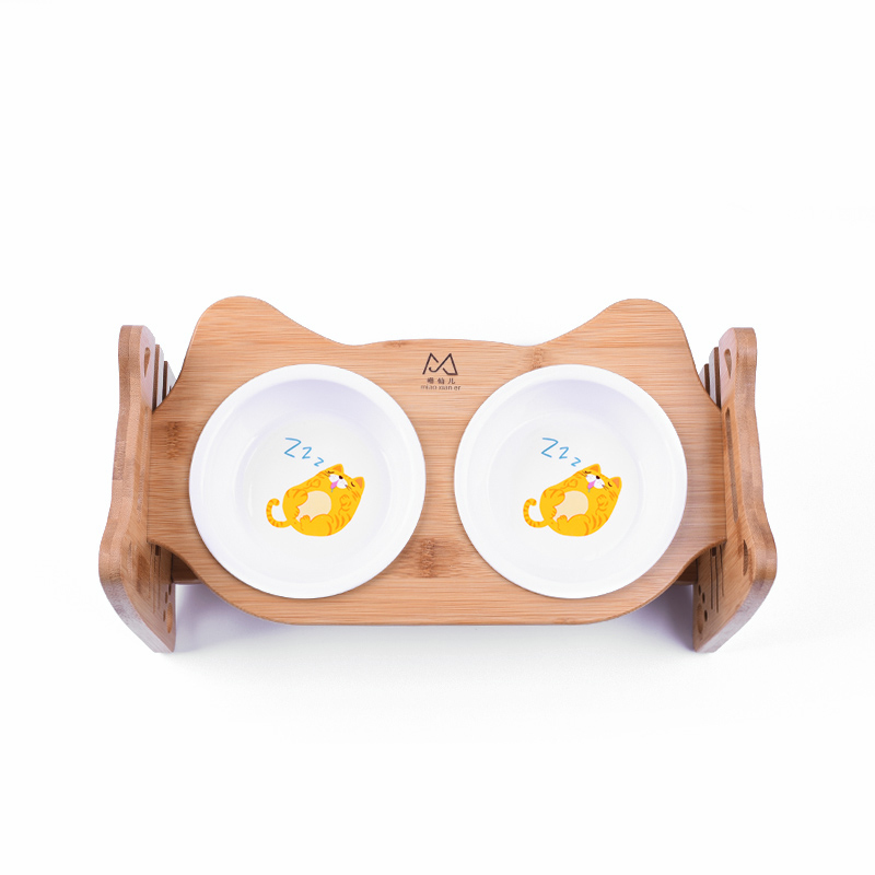 Wooden Pet dining table Double Bowls Cat Tilted Feeders Kitten Dishes with Slope Bamboo Rack Puppy Drink Feeding Bowl HW035: 13