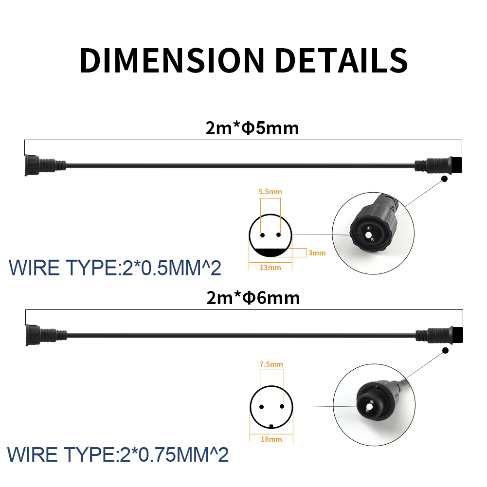Cable de extensión impermeable IP67 de 2 pines y 2 metros, Cable de alimentación para luces LED al aire libre