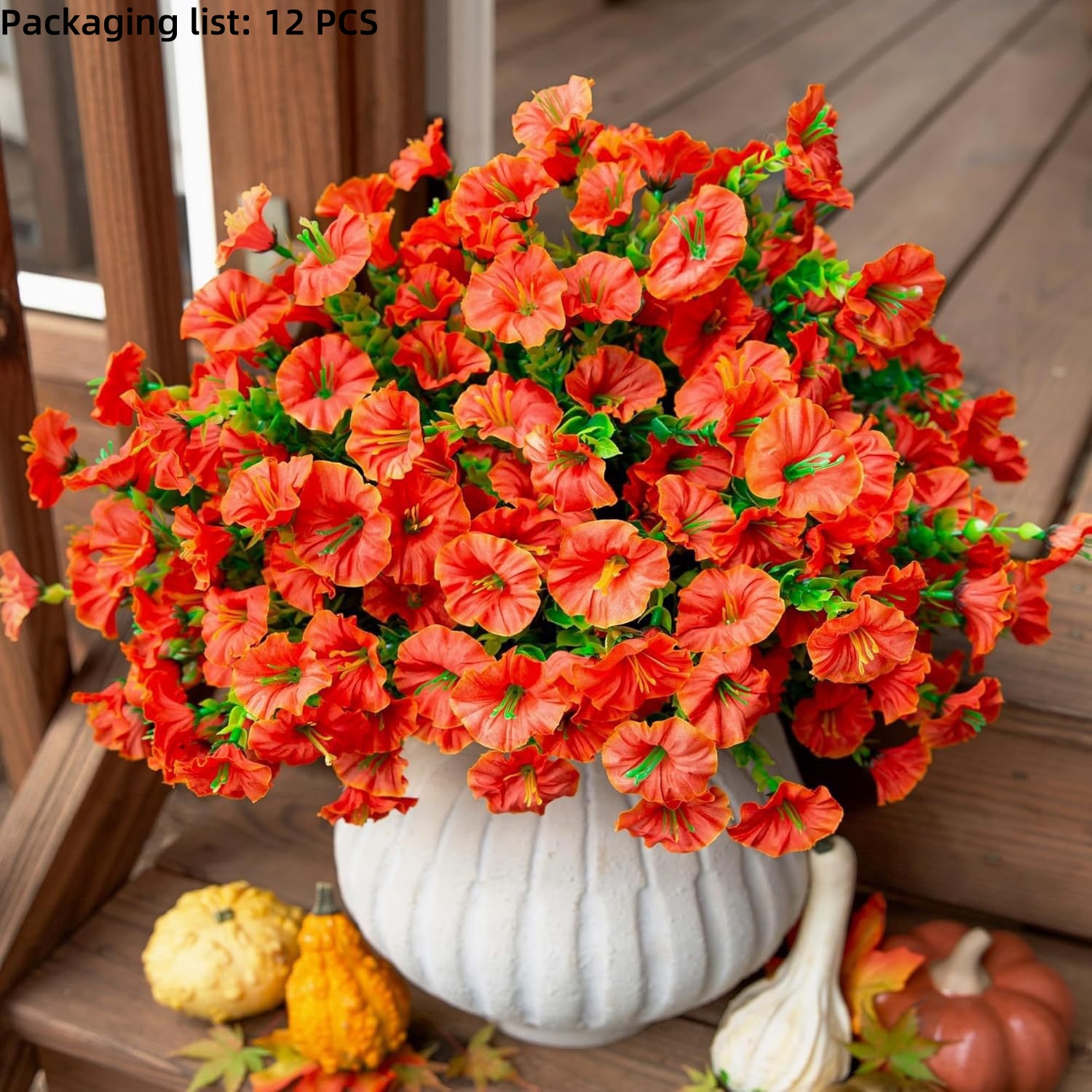 12 st konstgjorda blommor morgongloria - utomhusdekor, färgglad prästkrageplanter - ytterdörr, veranda, uteplats, fönsterlåda - heminredning: Orange