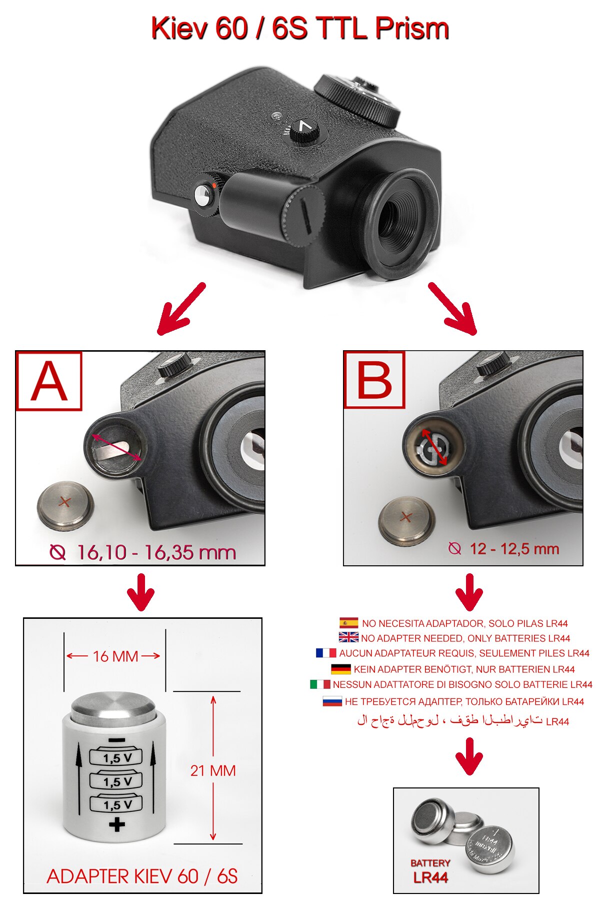 Batterij Adapter Voor Kiev 60 / 6S Ttl Prisma + 3 Button Batterijen 1,5V LR44