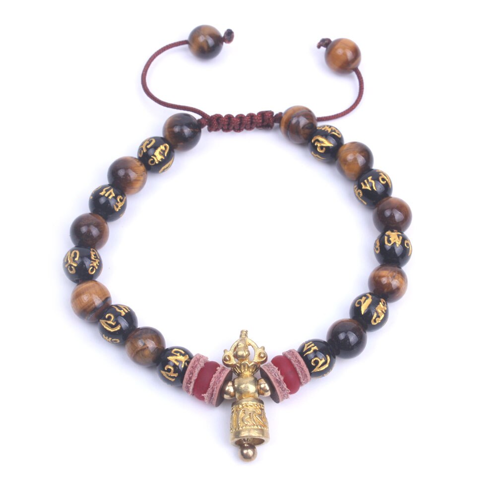 Tiger ogen met om mani padme hum kralen strand armband voor mannen & vrouwen Tibetaanse Boeddhistische Ghanta sieraden Lucky mala armband: Adjustable rope