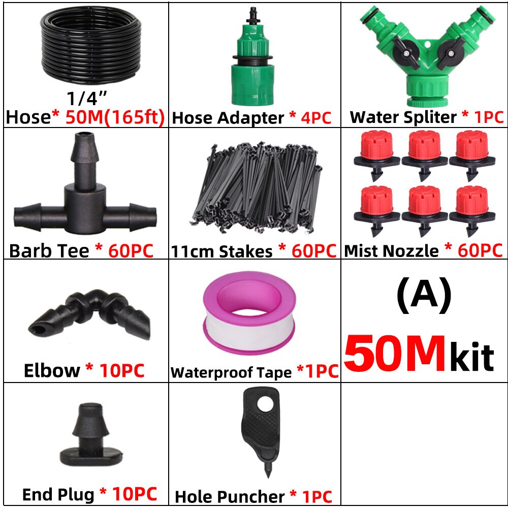 50M Smart Garden Watering System 4/7mm Hose Adjustable Dropper Kit Plant Self Automatic Watering Timer Micro Drip Irrigation Set: AX50M
