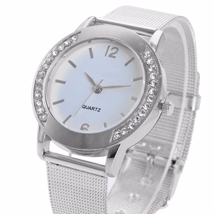 Reloj de lujo para mujer, pulsera de acero inoxidable con cristal dorado , reloj de pulsera de cuarzo analógico, reloj de vestir femenino: Silver