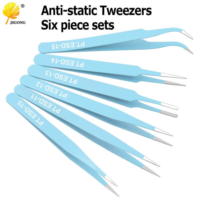 6pcs Anti-static ESD Stainless Steel Tweezers Maintenance Tools Industrial Precision Curved Straight Tweezers Repair Tools