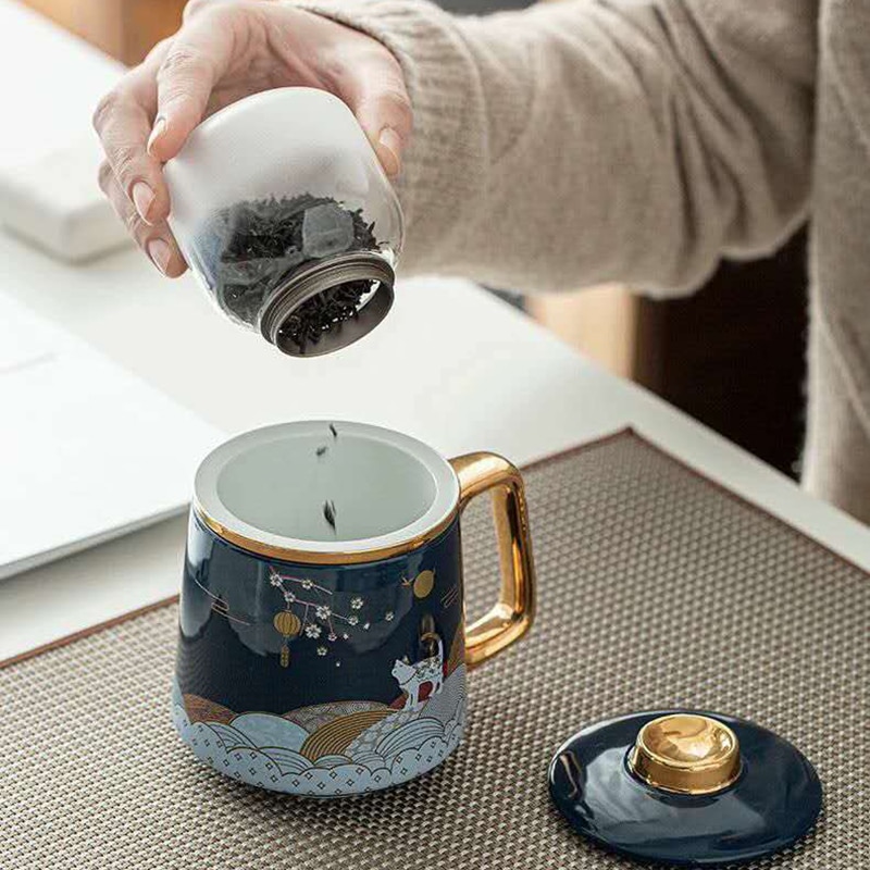 Kaffekrus keramisk te kop te adskillelse stor kapacitet filter med dæksel guofeng krus hjem par personlig kontor kop boks