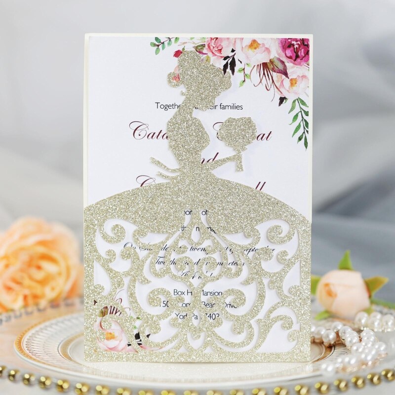 20pcs/set Wedding Invitations Cards Glitter Girl Greeting Card Invite Envelopes Bridal Engagement Party Supplies
