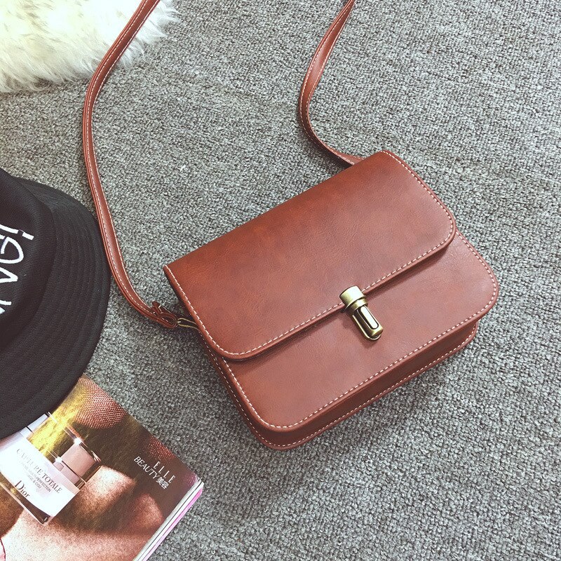 Trend Women Bags Retro Solid Color Korean Shoulder Bag PU Messenger Bag All-match Shaped Small Square Bag: Dark Brown
