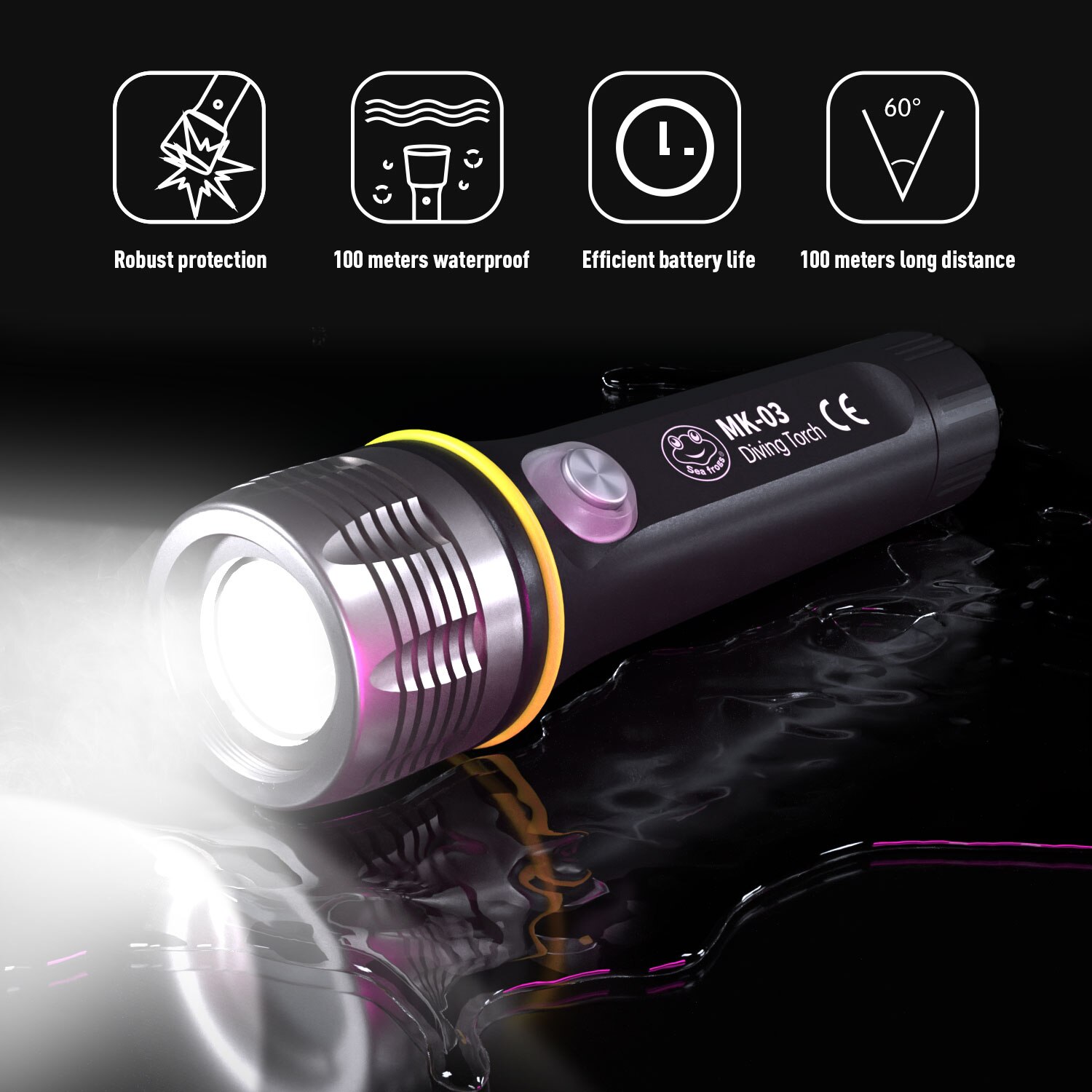 Super bright Diving Flashlight IP68 highest waterproof rating diving light Powered by 18650 battery With hand rope