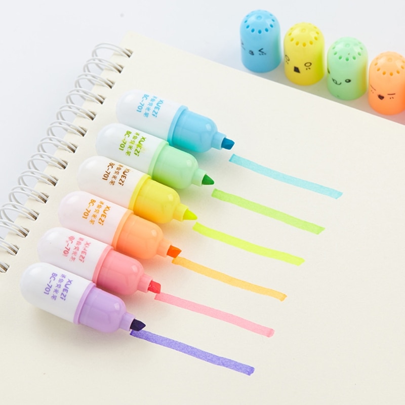 6 stk mini pille efterlader ægformede highlighter penne til skrivning af søde ansigter graffiti tuschpenne papirvarer skole kontorartikler