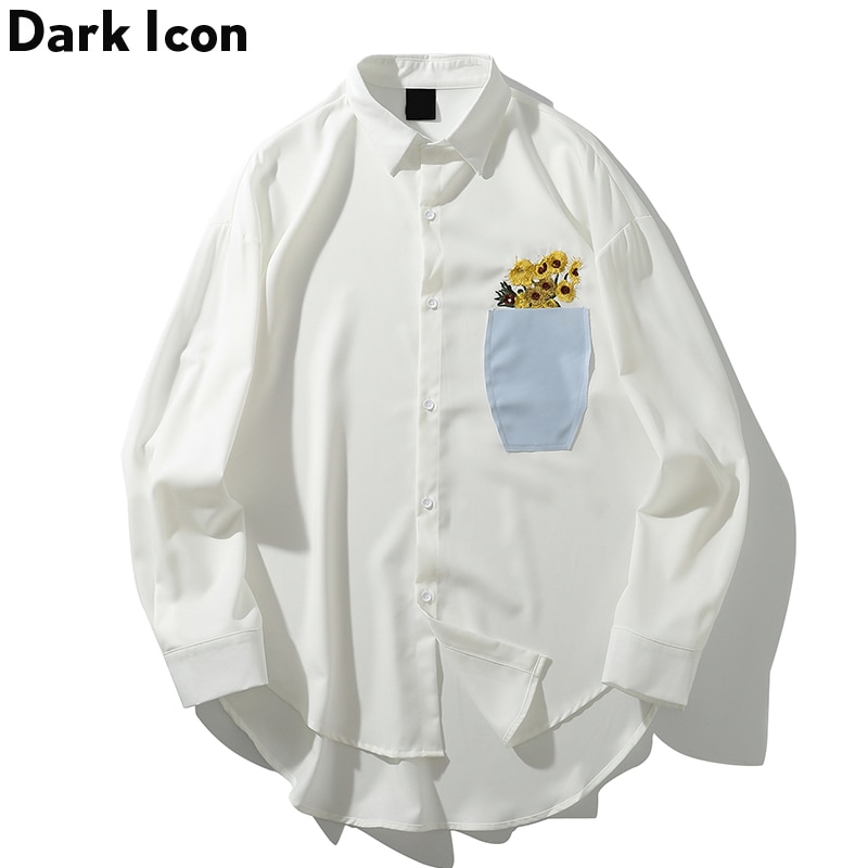 Mørkt ikon blomst print langærmede kjole skjorter mænd harajuku afslappet herre skjorte hip hop bluse hvide skjorter
