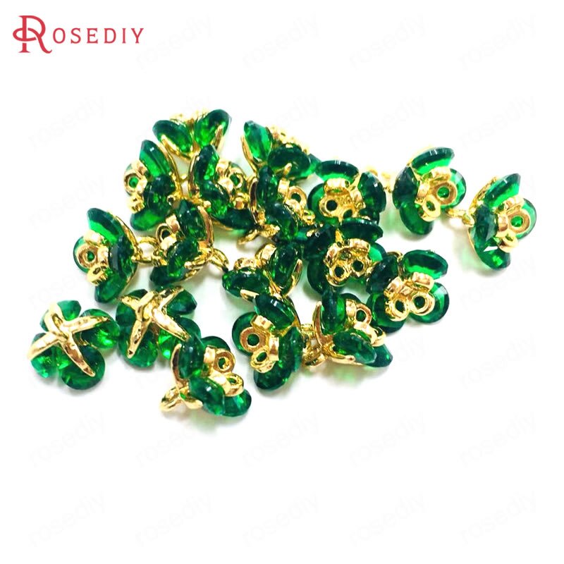 (37101)6PCS 7x7MM 24K Champagne Gold Color Brass and Zircon 3D Flower Charms Pendants Jewelry Making Supplies Diy Accessories: Green