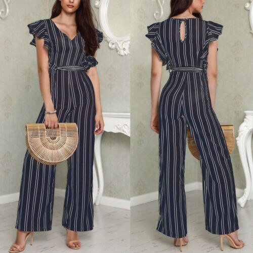 Sort hvid stribet jumpsuits dame flæser rompers overalls ærmeløs bodycon chiffon brede ben lange bukser playsuits