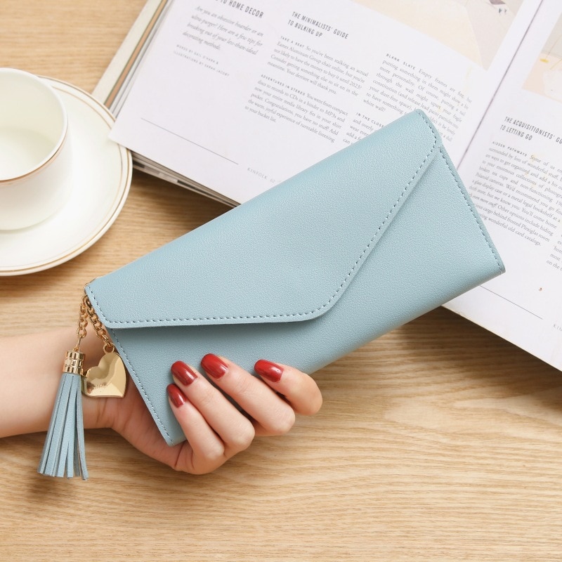 Women Wallets Long PU Clutch Bag Heart-shaped Pendant Simple Multi-function Lychee Pattern Women Wallet: Sky blue A