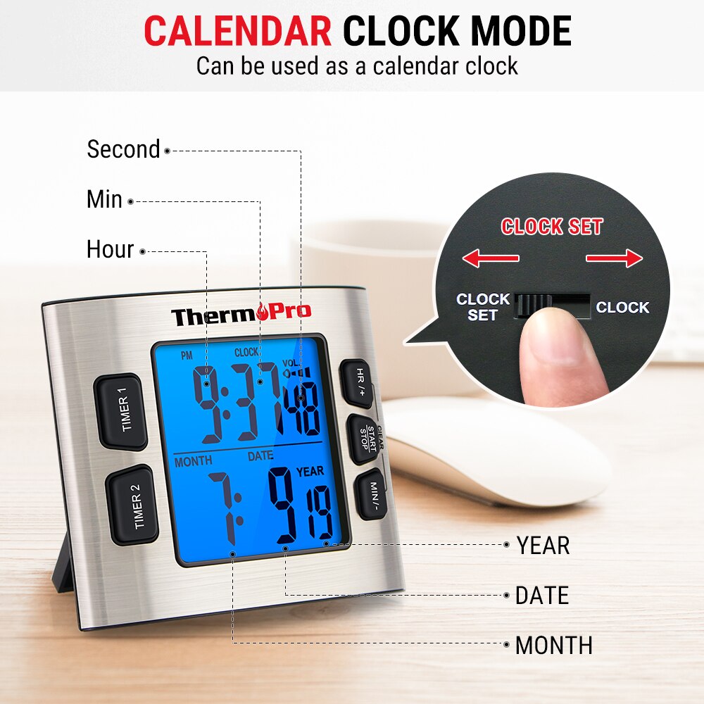 ThermoPro TM02 Cooking Digital Kitchen Timer Large Display Dual Timer Backlight Countdown/UP Timer With Clock Function