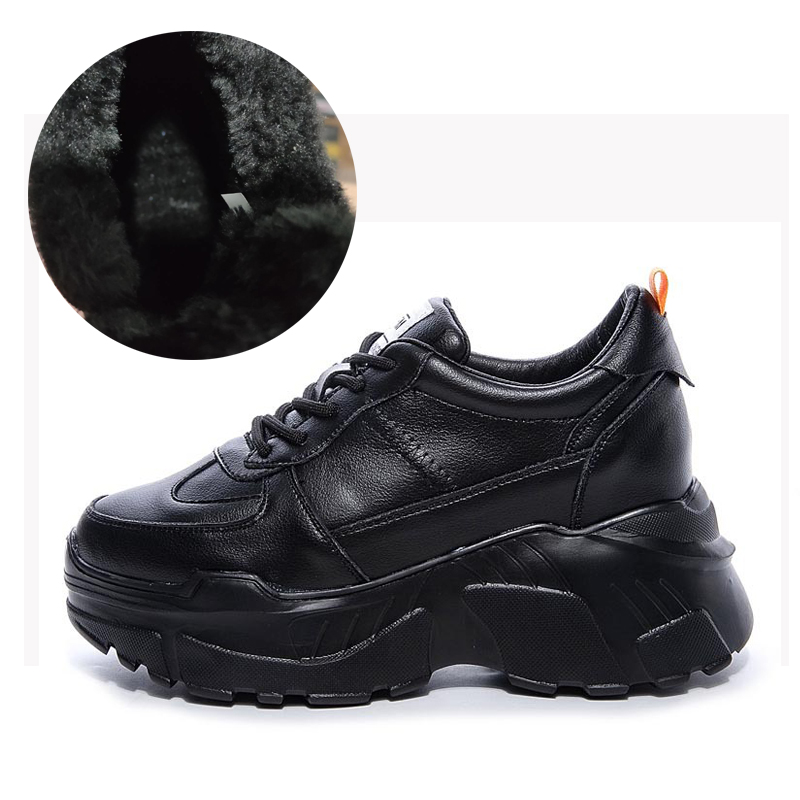 Women's spring Korean casual wild thick-soled running shoes leather women sneakers women ZZ-228: Black plus velvet / 6