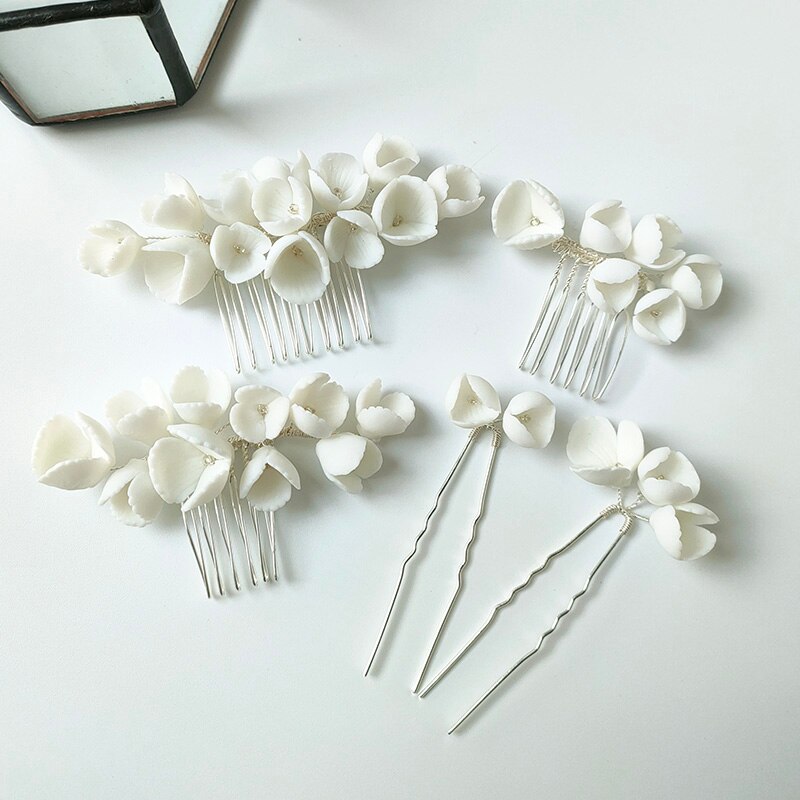 Handmade Bride Headpiece biżuteria ceramiczna kwiatowa do włosów grzebień zestaw klipów wsuwka ślubne ślubne akcesoria do włosów: AS8199-5pcs set