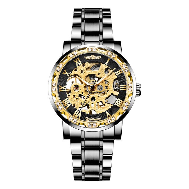 Winnaar Transparant Mode Diamant Display Lichtgevende Handen Versnelling Beweging Retro Mannen Mechanisch Skeleton Horloges: black