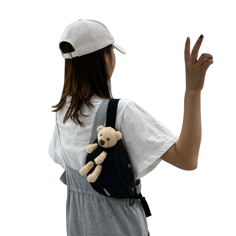 Doce meninas bonito dos desenhos animados urso saco de peito feminino casual lona pacote cintura zíper sacos crossbody sacos de esportes com buraco fone de ouvido