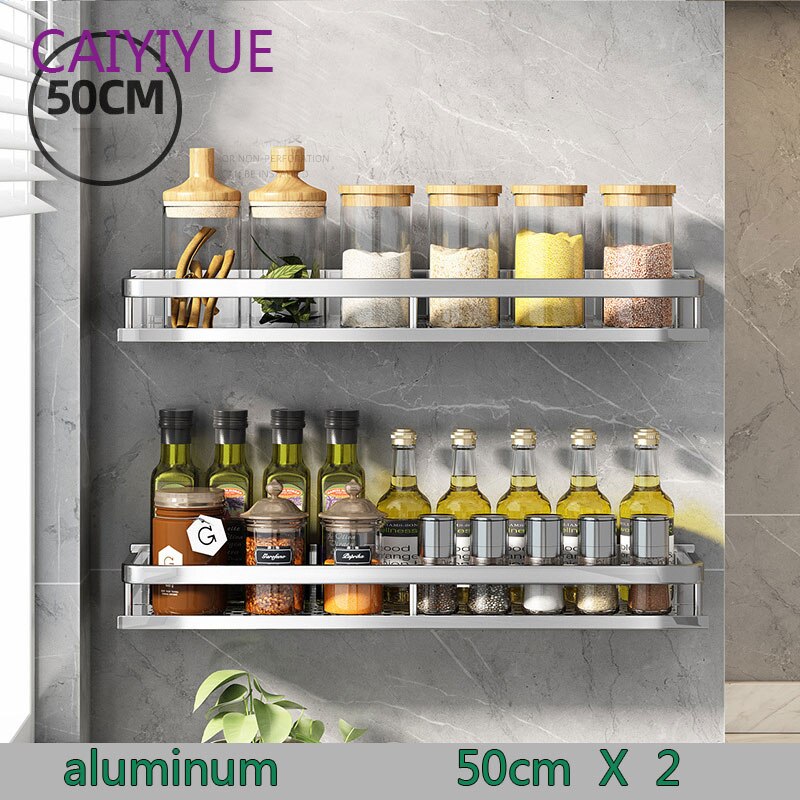 Kitchen rack wall-mounted multi-function punch-free Bathroom Shelf Accessories Wall Mount Shower Shampoo Storage Shelves: Double layer 50cm