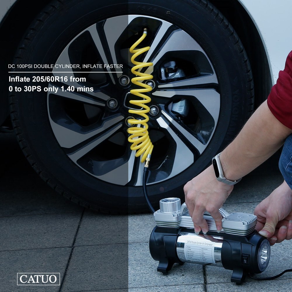 Portable Double Cylinder Air Compressor Tire Inflator High Power 12V DC Pump to 100 Psi With LED Light Thermal