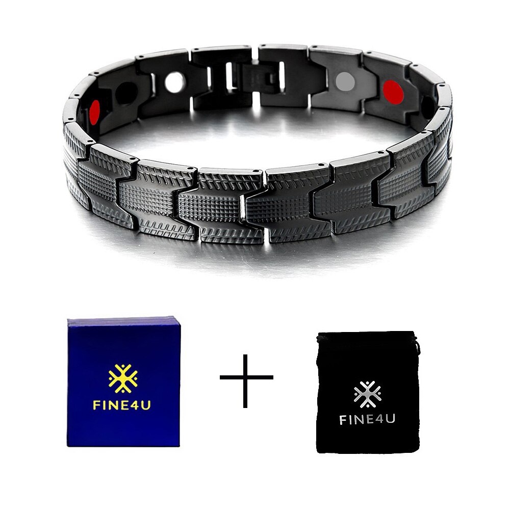 FINE4U B386 Negative ions Magnetic Therapy Bracelet & Bangle Hologram Bio Energy Bracelets Wristband for Men: Black3