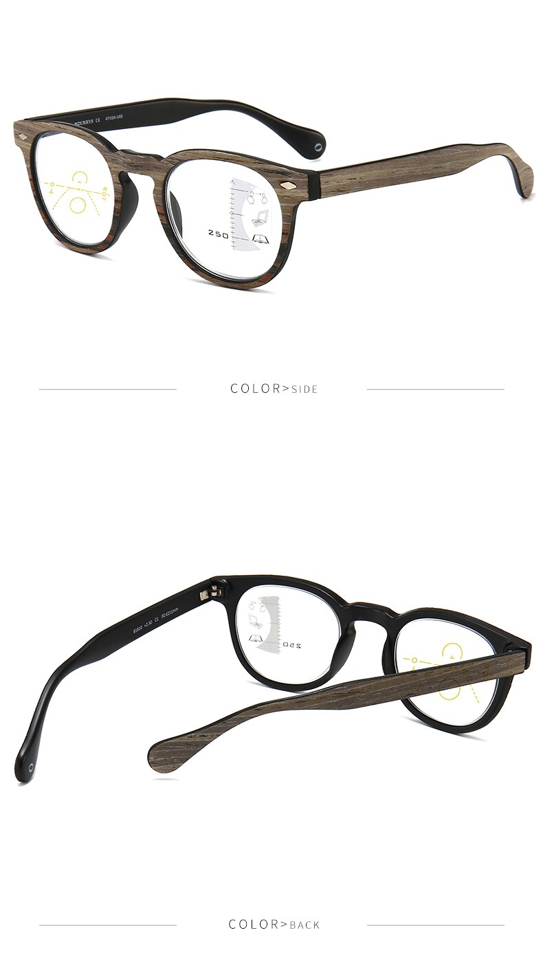 Mens high end Progressive multifocal reading glasses Women prescription glasses Wooden glasses frame for Unisex large T1810: +250 / Black