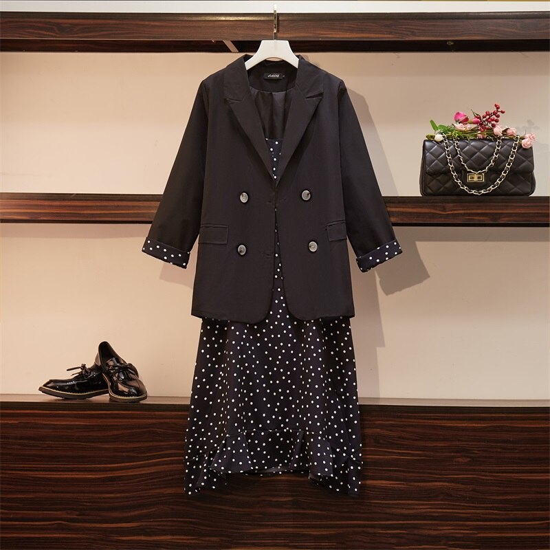 Autumn Plus Size Two Piece Sets Women Dress+Suits Casual Loose Long Sleeve Blazer And Dot Sling Dresses Suit Coat: Black / XXXL