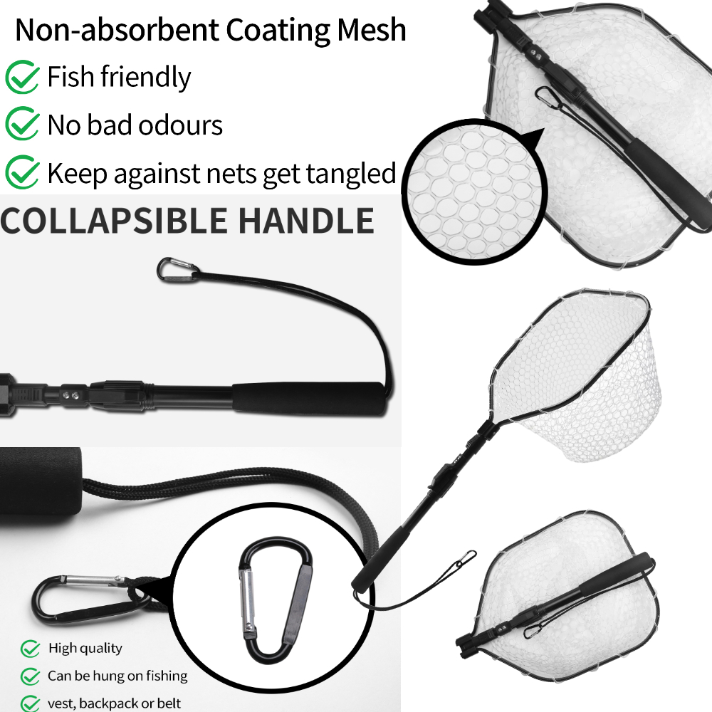Floating Fishing Net Bass Trout Landing Net Foldable Lightweight Portable Rubber Coated Fish-Friendly Mesh Easy Catch & Release
