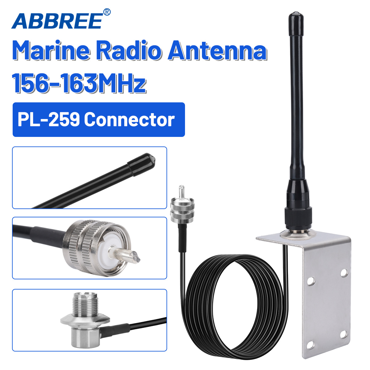 Abbree maritieme radioantenne met hoge versterking pl -259 mhz 156-163 waterdicht, voor golfkarretjes, atv's, utv's, vrachtwagens, graafmachines, tractoren, campers, jachten en boten.: Default Title