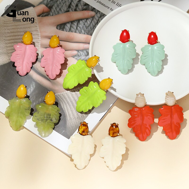 GuanLong Colorful Resin Leaf Long Earrings for Women Statement Large Acrylic Dangler Earring for Teen Girls