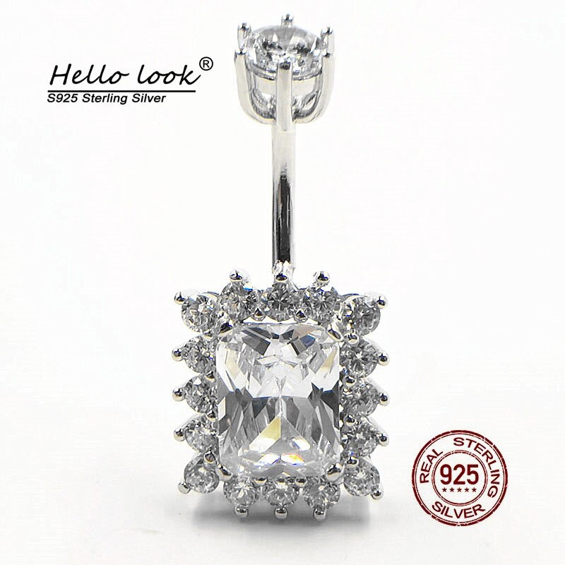 Hellolook square zircon navel piercing 925 sterling silver belly button rings women sexy belly piercing body jewelry