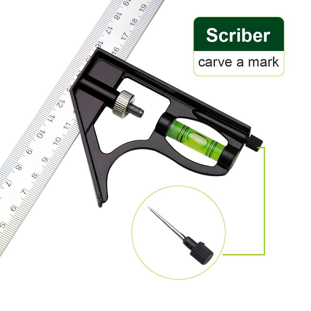 300Mm Stainless Steel Adjustable Combination Square 45/90 Degree With Bubble Level Multi-Function Woodworking Measurement Tool