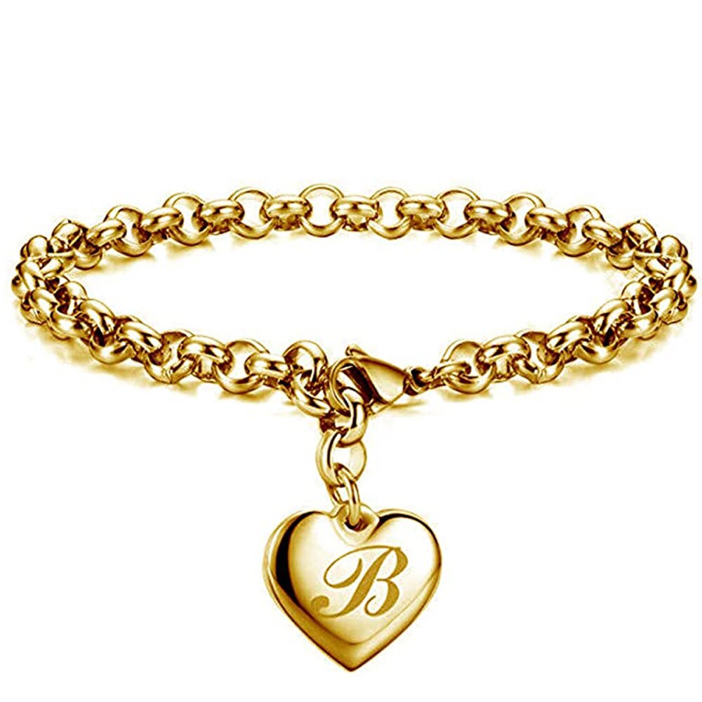 Bracelet avec lettres de l'alphabet en acier inoxydable, 26 lettres, breloque initiale, couleur or, pour femmes et filles, pour enfants: B