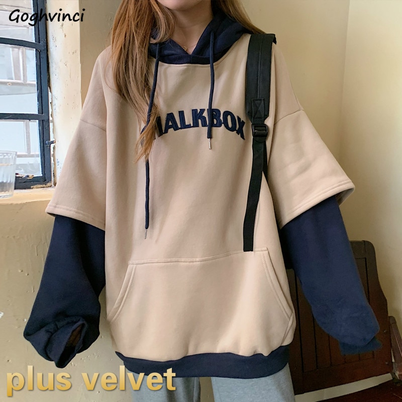 Hoodies Women Aesthetic Thicker Korean BF Ulzzang Embroidery Letter Long Loose Pullovers Hooded Warm Students Daily Womens