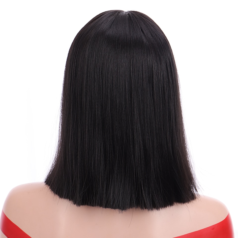 HOUYAN 12 inch straight short natural black wig with bangs women bob medium length heat resistant wig
