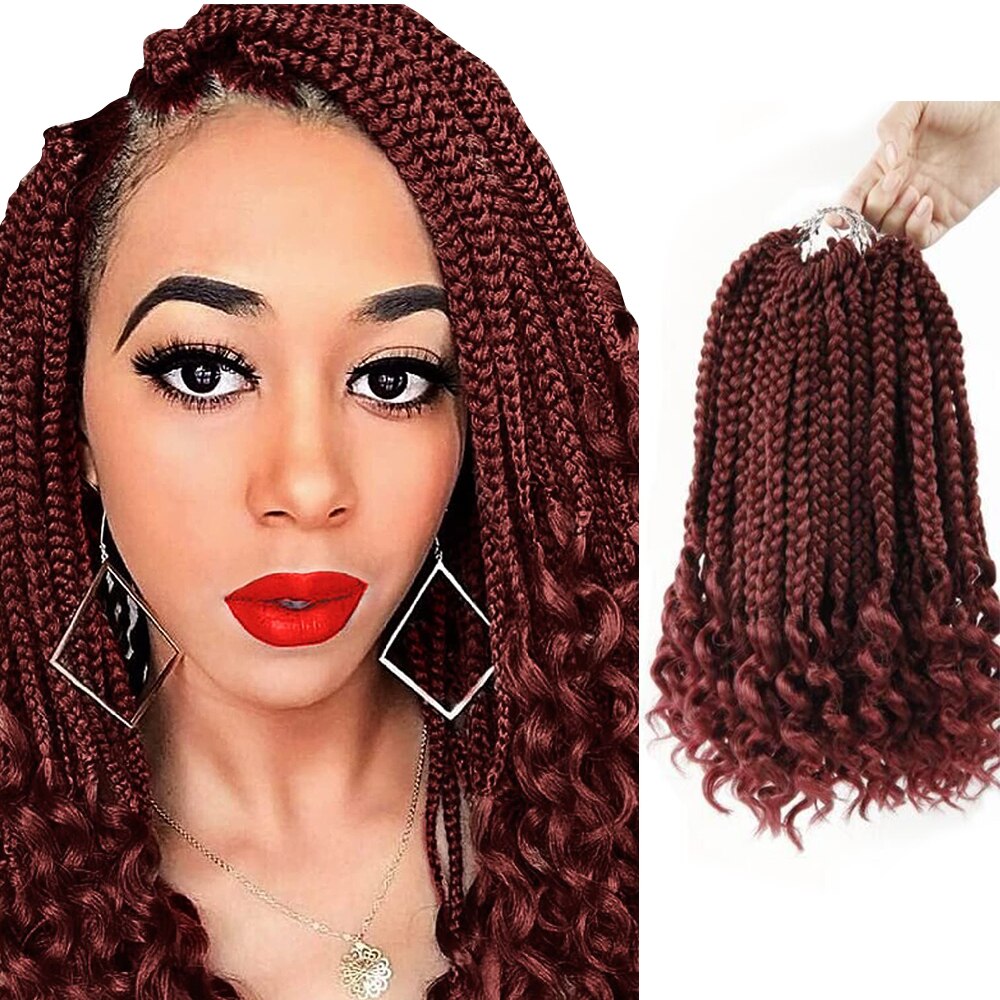 Crochet Hair Box Braids Curly Ends Synthetic Ombre Hair 15 Strands 12 Inch Braiding Hair Extensions For Black Women: #Burgundy / 6Pcs/Lot