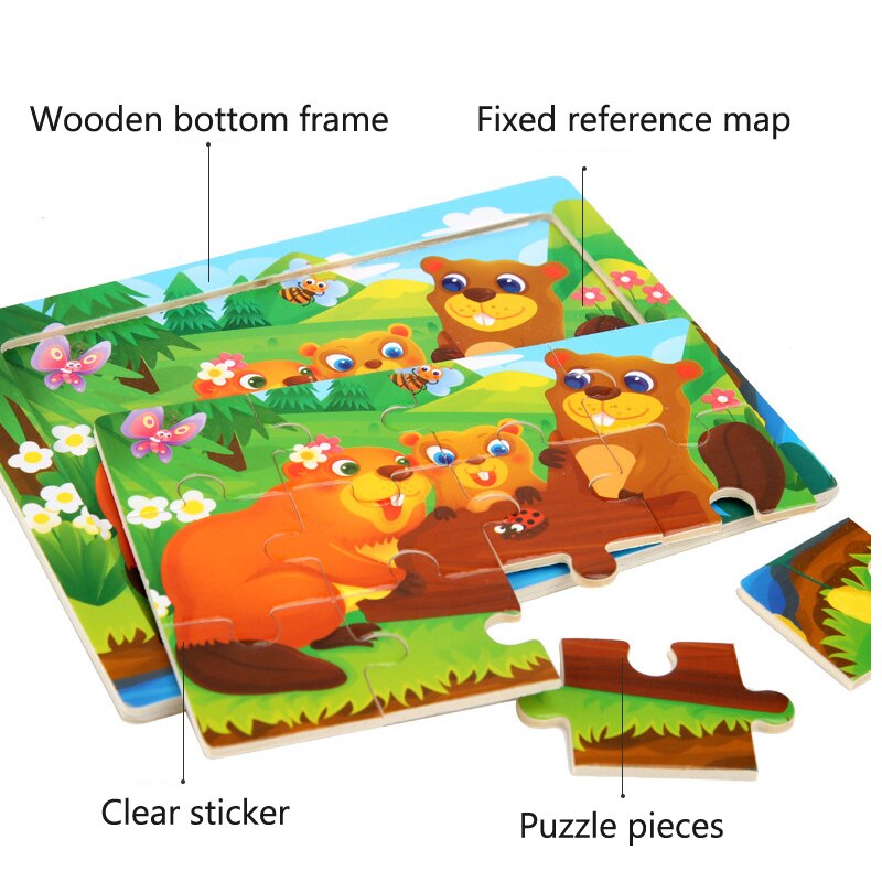 15*11cm 12pcs Wood Puzzle Kids Educational Toys Cartoon Animal/Traffic 3dD Wooden Puzzle Jigsaw Toys For Children