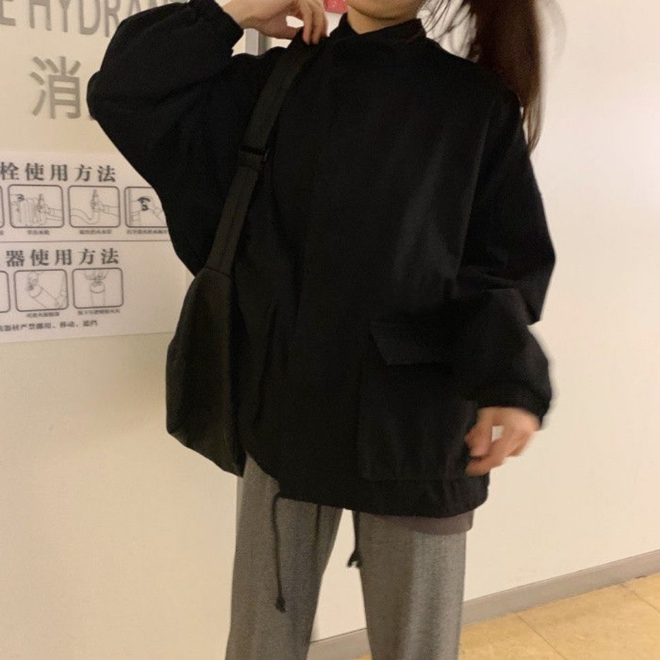 Jackor dam solid dragkedja enkla kappor dam plus storlek 2xl lös bf harajuku ins safari stil oversize high street all-match: Svart / S