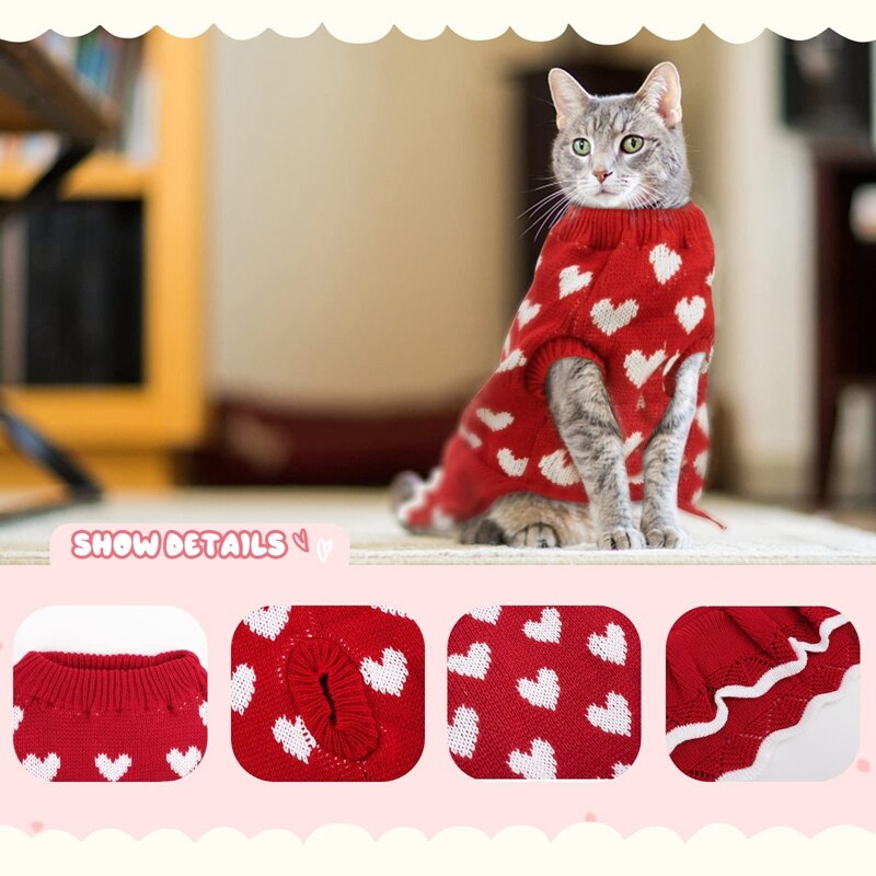 Small dog sweater dress winter warm dog princess dress for female girls red heart puppy dress dog pullover knitwear