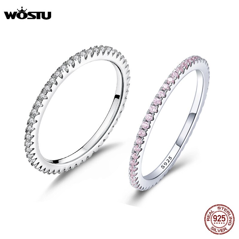 WOSTU Genuine 100% 925 Sterling Silver Glitter Zircon Wedding Rings Round Stackable Finger For Women Engagement Jewelry FIR066