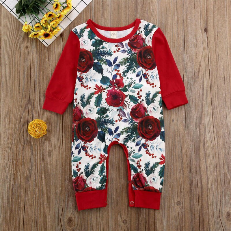 Kerst bloemen romper voor baby jongen en meisje peuter baby kinderen lange mouwen kerst bloemen print romper overall broek outfit kleding