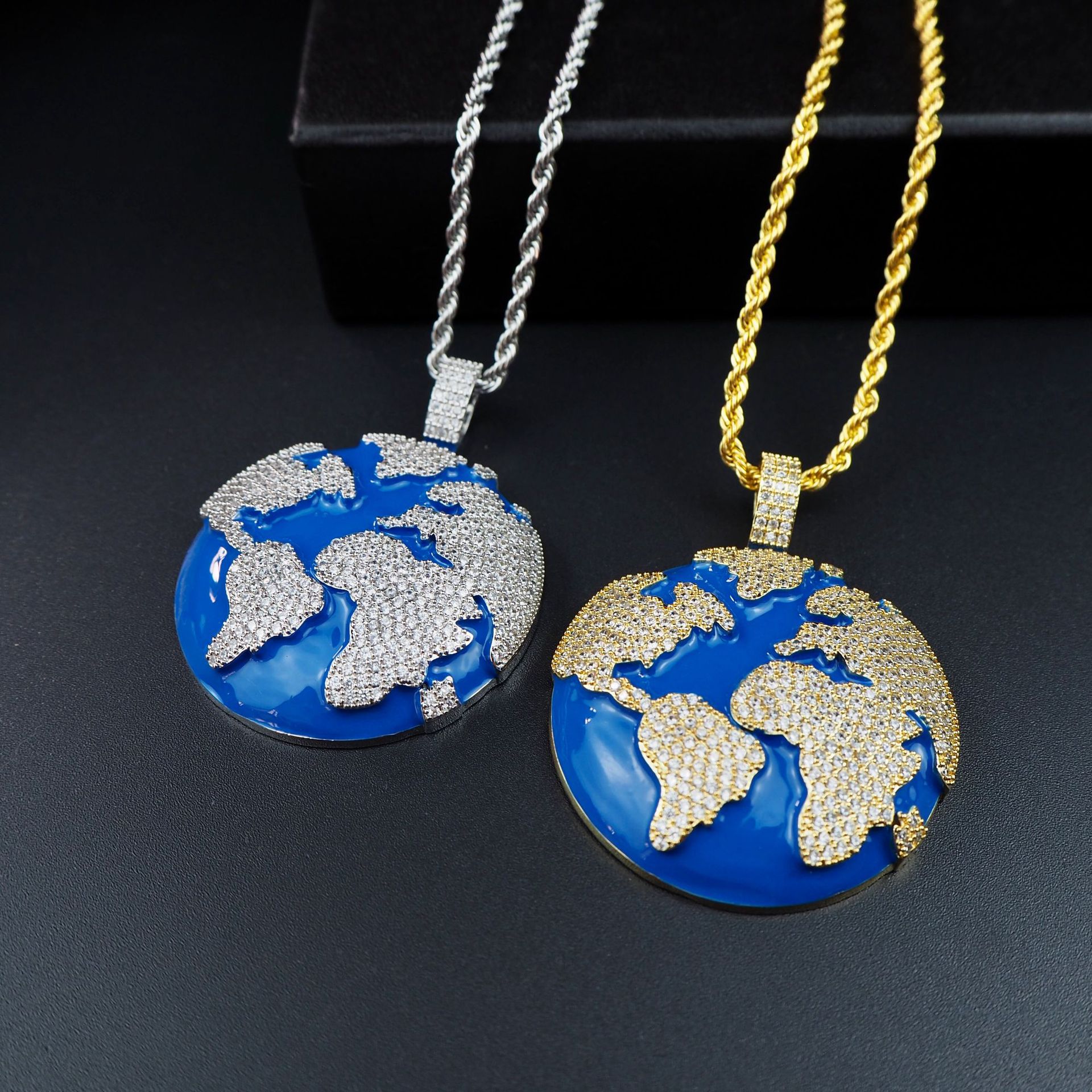 Iced Out Blue Earth Pendant Bling Cubic Zircon Necklace For Men and Women Hip Hop Jewelry