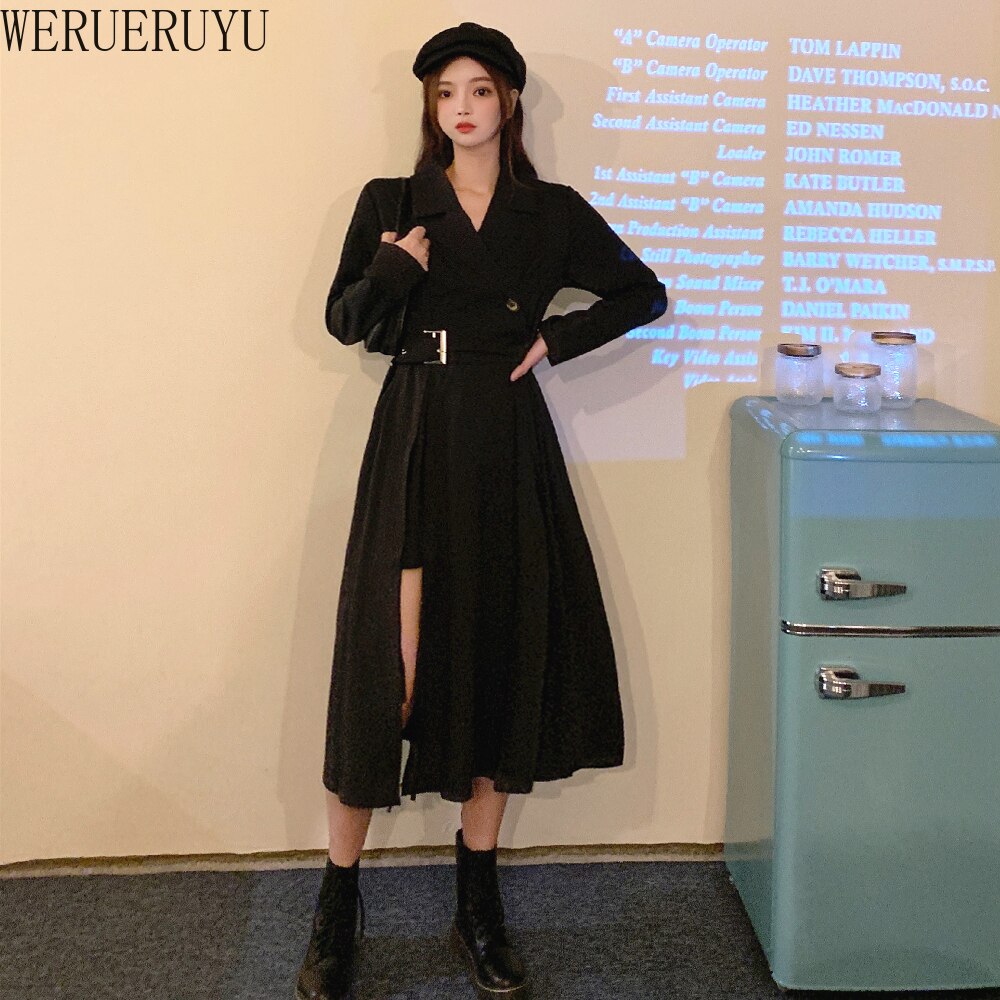 WERUERUYU-vestido negro de verano para mujer, ajustado, de cintura alta, escote en V profundo, manga larga, de ,