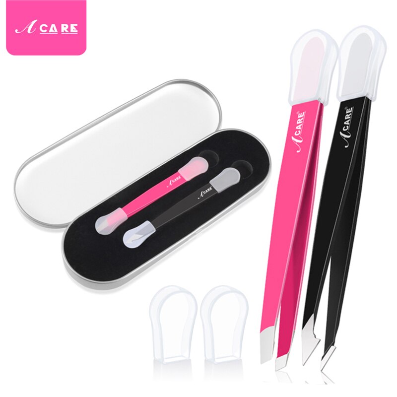 2 Stuks Wenkbrauw Pincet Brood Rvs Professionele Platte Tip Schuine Tip Eye Brow Remover Gezicht Haar Makeup Beauty Tools: Pink Black with Box