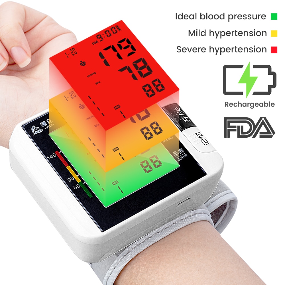 Rechargeable Wrist Blood Pressure Meter Electronic Automatic Sphygmomanometer Blood Pressure Monitor with Three-color Backlight
