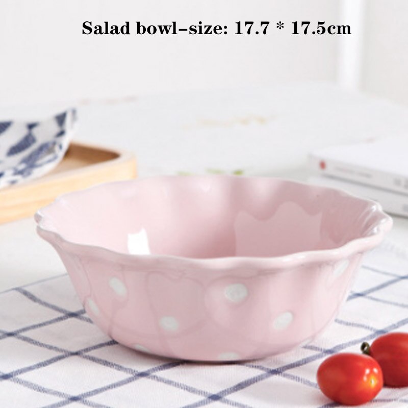 Porcelain Dishes Cutlery Dinner Plate Polka Dot Dishes Cute Dessert Salad Rice Noodle Soup Bowl Breakfast Steak Tray Snack Dish: Pink-B    850