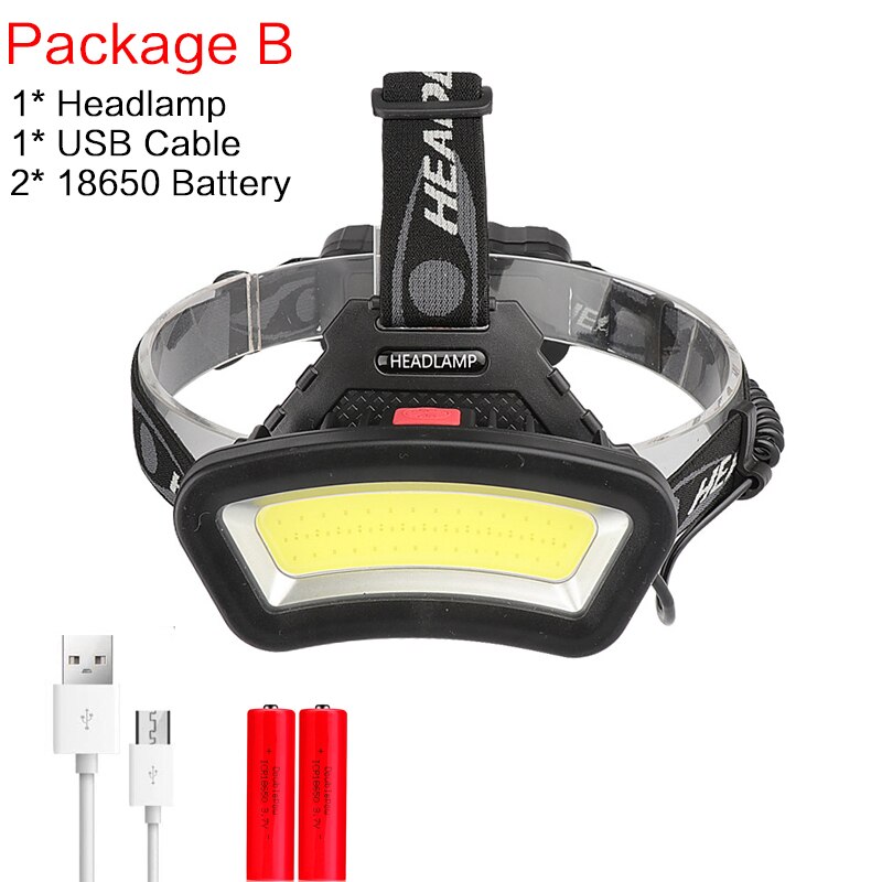 Rechargeable LED Headlight 200m Long Lighting Distance Headlamp Wide Angle COB Head Lamp light Lantern USB Use 2*18650: Package B