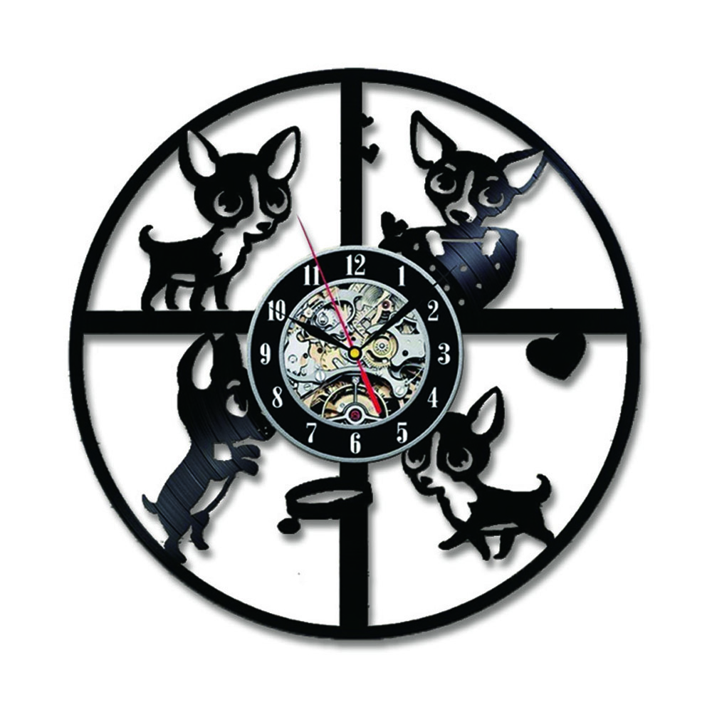Cute Chihuahua Dog wall clock Chihuahua Dog Silhouette Vinyl Record Wall Clock Animals LED Night Light For Puppy Lover: no led light
